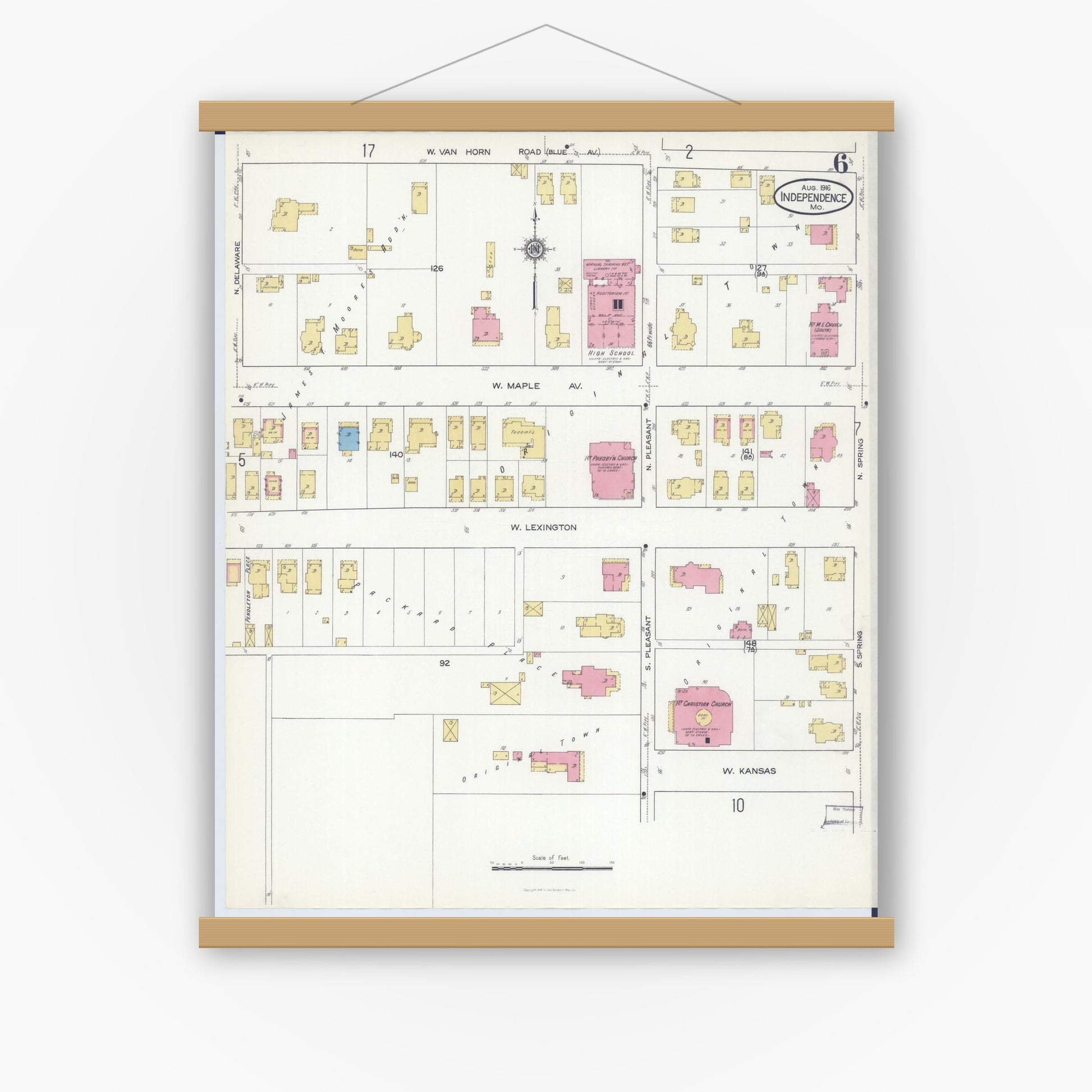 Old map wall art mockup — magnetic wood frame on white wall — Sanborn Fire Insurance Map from Independence, Jackson County, Missouri (1916), Sheet #0006