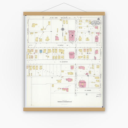 Old map wall art mockup — magnetic wood frame on white wall — Sanborn Fire Insurance Map from Independence, Jackson County, Missouri (1916), Sheet #0006
