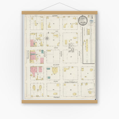 Old map wall art mockup — magnetic wood frame on white wall — Sanborn Fire Insurance Map from Kaufman, Kaufman County, Texas (1894) - Complete Map Set