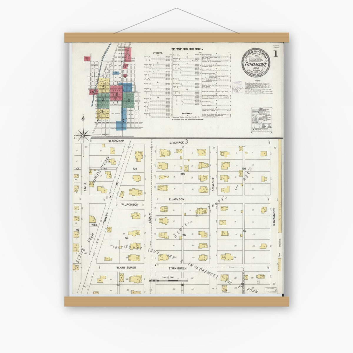 Old map wall art mockup — magnetic wood frame on white wall — Sanborn Fire Insurance Map from Fairmount, Grant County, Indiana (1902), Sheet #0001