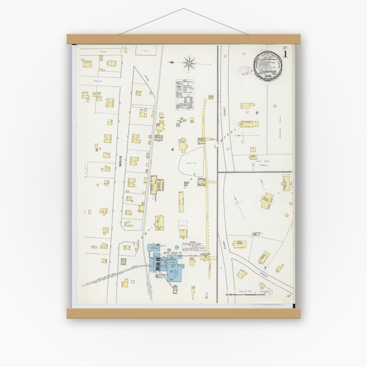 Old map wall art mockup — magnetic wood frame on white wall — Sanborn Fire Insurance Map from Champion, Marquette County, Michigan (1892), Sheet #0001