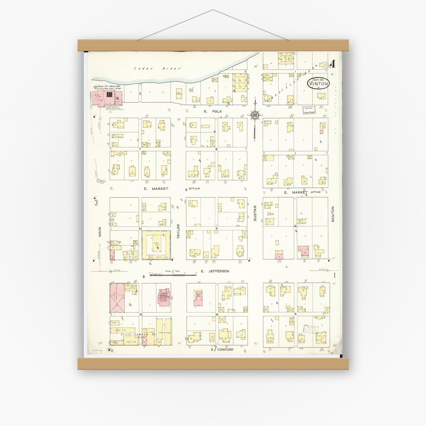 Old map wall art mockup — magnetic wood frame on white wall — Sanborn Fire Insurance Map from Vinton, Benton County, Iowa (1913), Sheet #0004