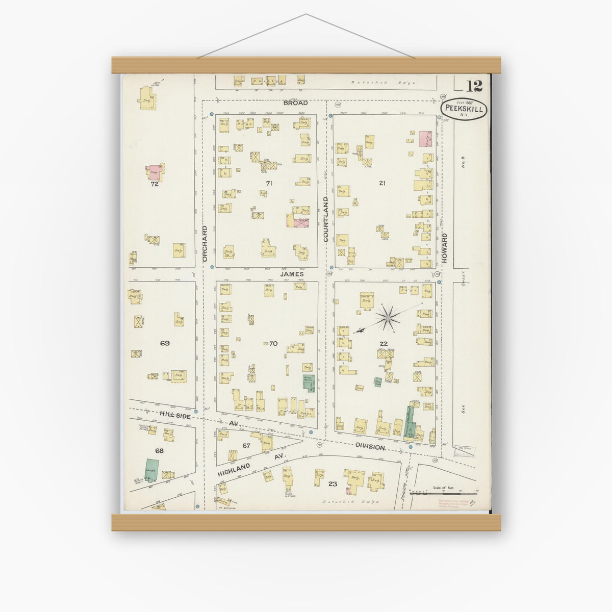 Old map wall art mockup — magnetic wood frame on white wall — Sanborn Fire Insurance Map from Peekskill, Westchester County, New York (1887), Sheet #0012