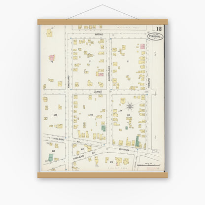 Old map wall art mockup — magnetic wood frame on white wall — Sanborn Fire Insurance Map from Peekskill, Westchester County, New York (1887), Sheet #0012