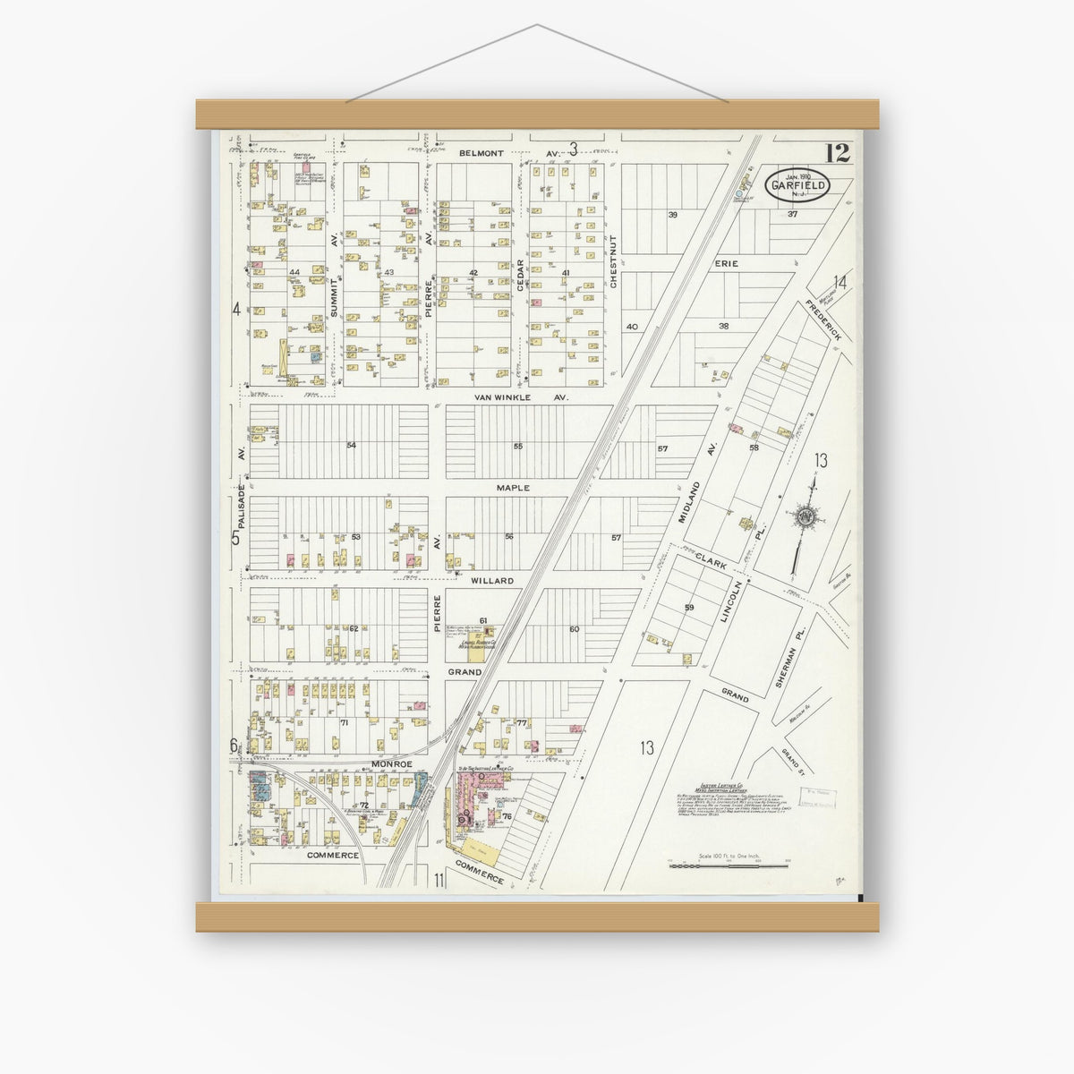 Old map wall art mockup — magnetic wood frame on white wall — Sanborn Fire Insurance Map from Garfield, Bergen County, New Jersey (1910), Sheet #0012