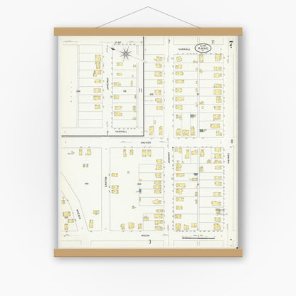 Old map wall art mockup — magnetic wood frame on white wall — Sanborn Fire Insurance Map from Kane, McKean County, Pennsylvania (1909), Sheet #0007