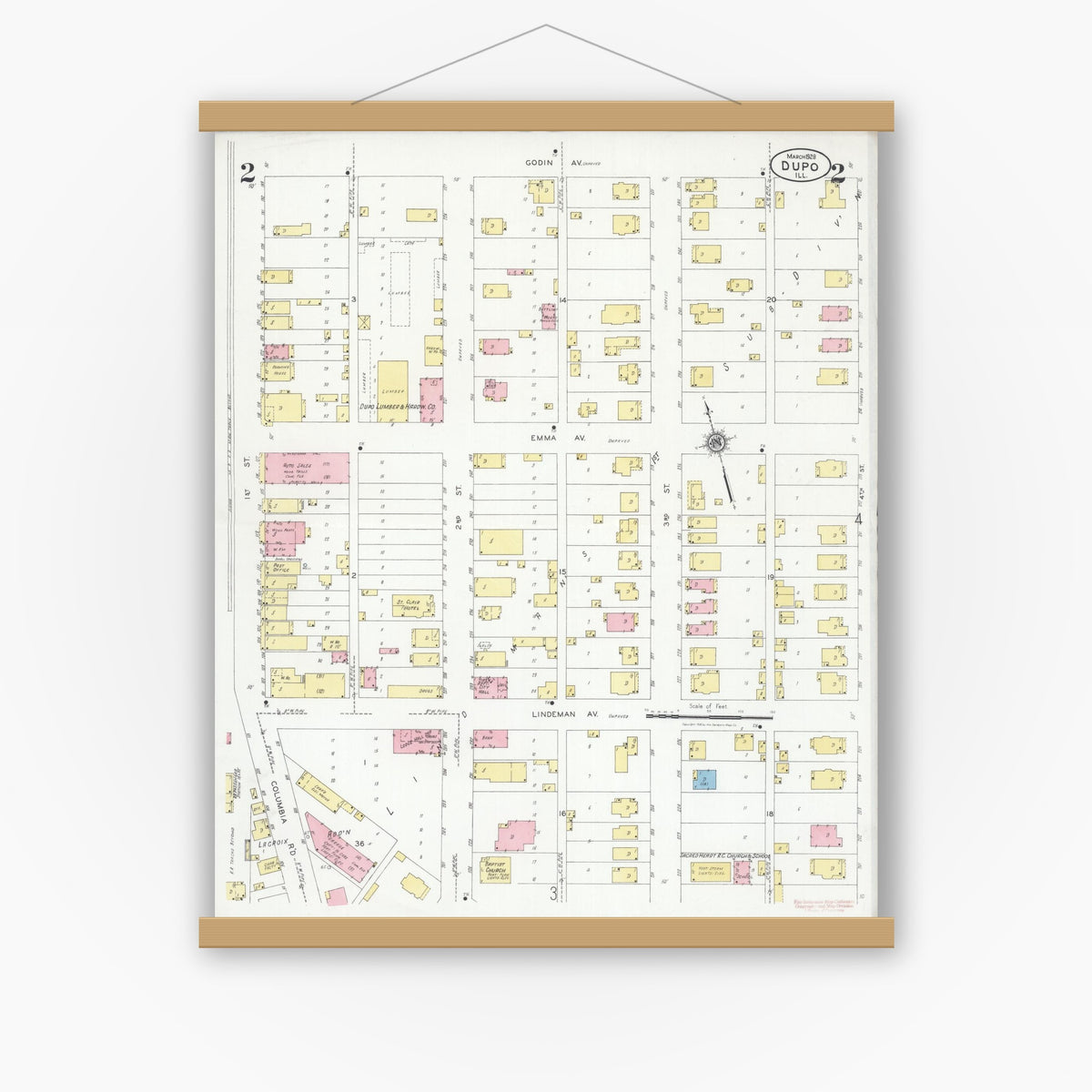 Old map wall art mockup — magnetic wood frame on white wall — Sanborn Fire Insurance Map from Dupo, Saint Clair County, Illinois (1928), Sheet #0002