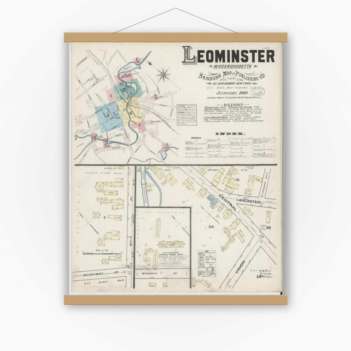 Old map wall art mockup — magnetic wood frame on white wall — Sanborn Fire Insurance Map from Leominster, Worcester County, Massachusetts (1884) - Complete Map Set
