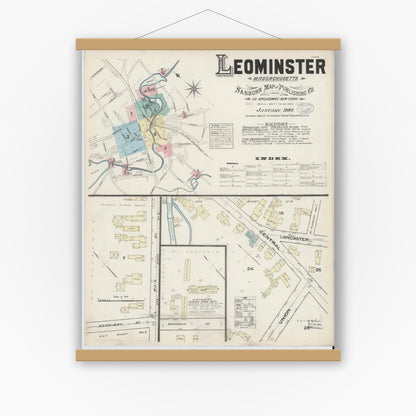 Old map wall art mockup — magnetic wood frame on white wall — Sanborn Fire Insurance Map from Leominster, Worcester County, Massachusetts (1884) - Complete Map Set