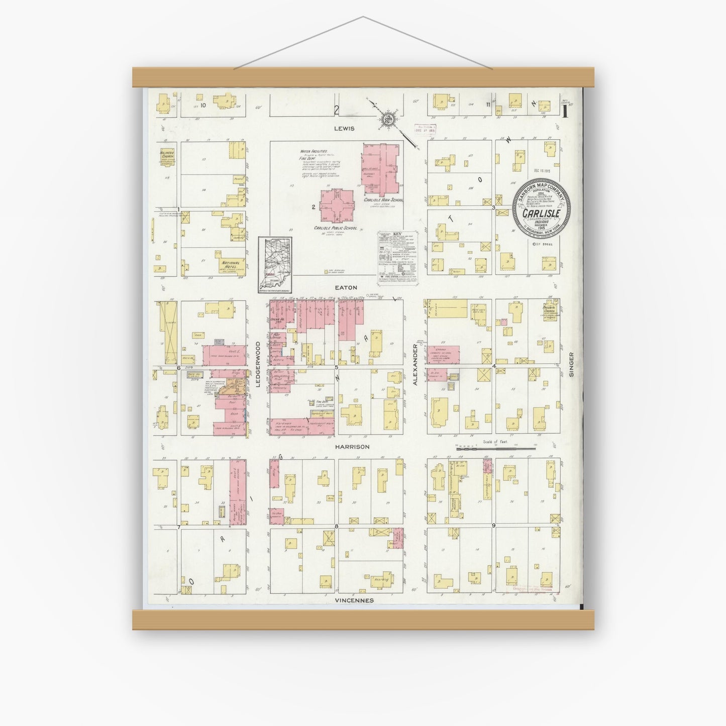 Old map wall art mockup — magnetic wood frame on white wall — Sanborn Fire Insurance Map from Carlisle, Sullivan County, Indiana (1915) - Complete Map Set