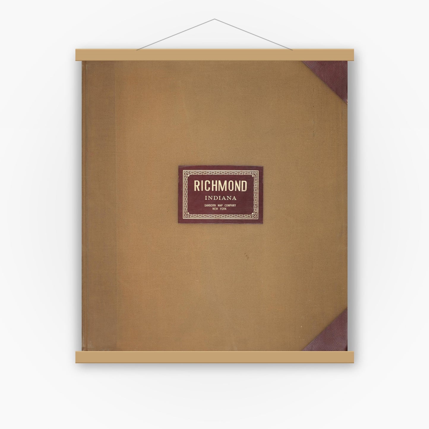 Old map wall art mockup — magnetic wood frame on white wall — Sanborn Fire Insurance Map from Richmond, Wayne County, Indiana (1950), Sheet #0001