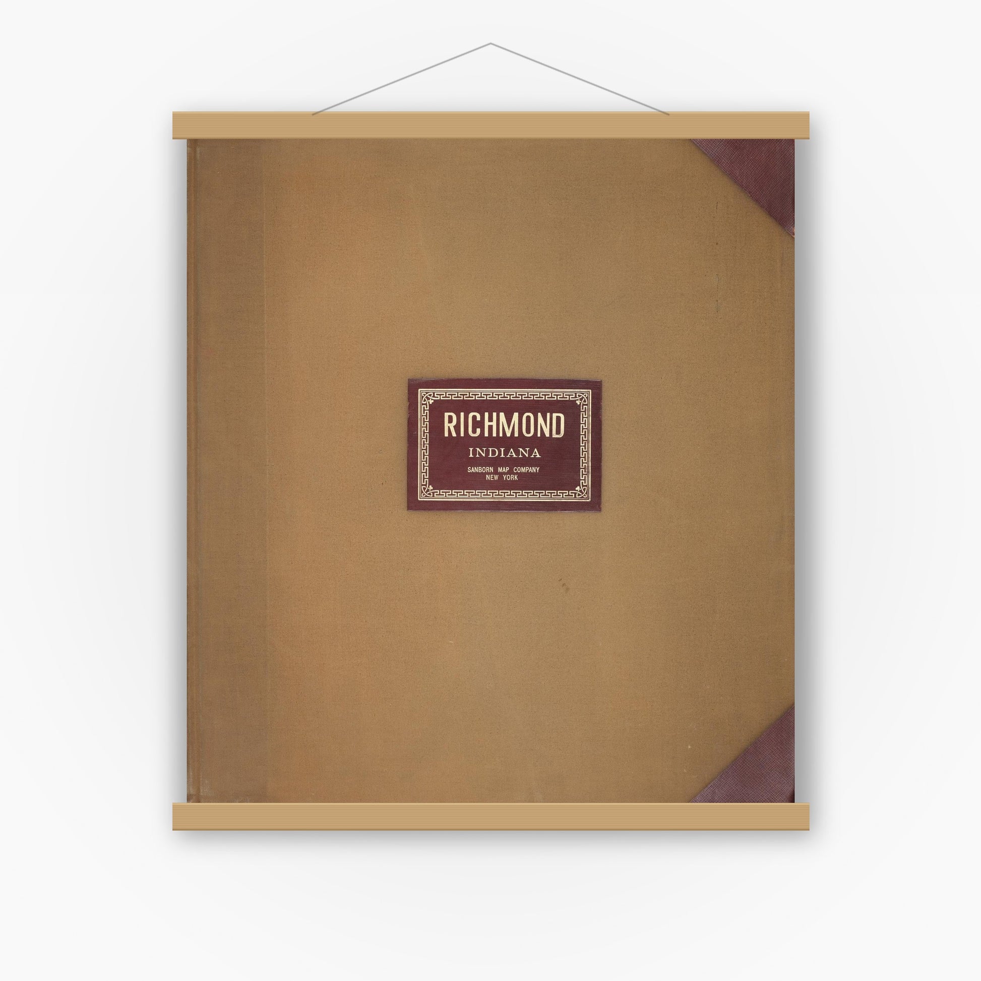 Old map wall art mockup — magnetic wood frame on white wall — Sanborn Fire Insurance Map from Richmond, Wayne County, Indiana (1950), Sheet #0001