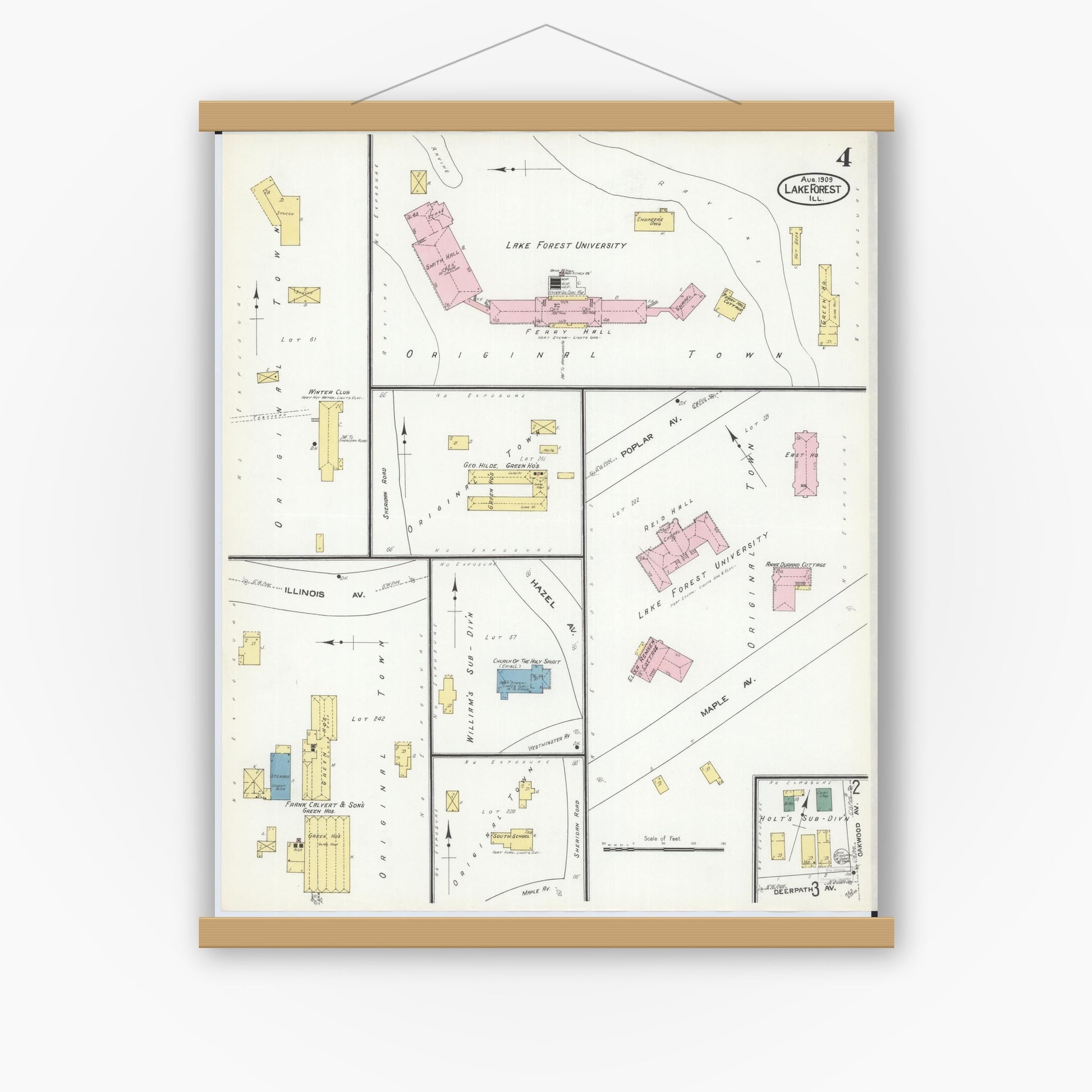 Old map wall art mockup — magnetic wood frame on white wall — Sanborn Fire Insurance Map from Lake Forest, Lake County, Illinois (1909), Sheet #0004