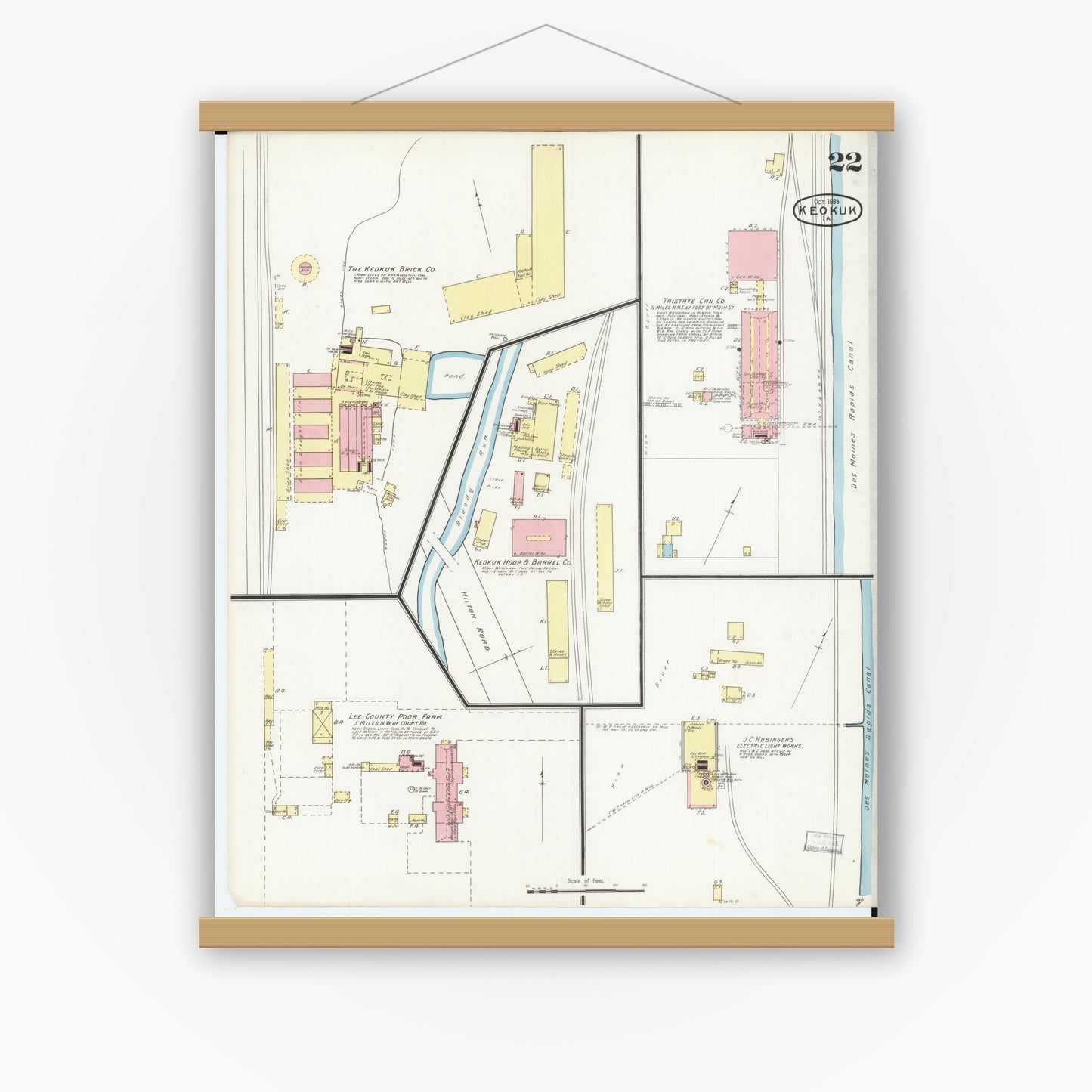 Old map wall art mockup — magnetic wood frame on white wall — Sanborn Fire Insurance Map from Keokuk, Lee County, Iowa (1893), Sheet #0022