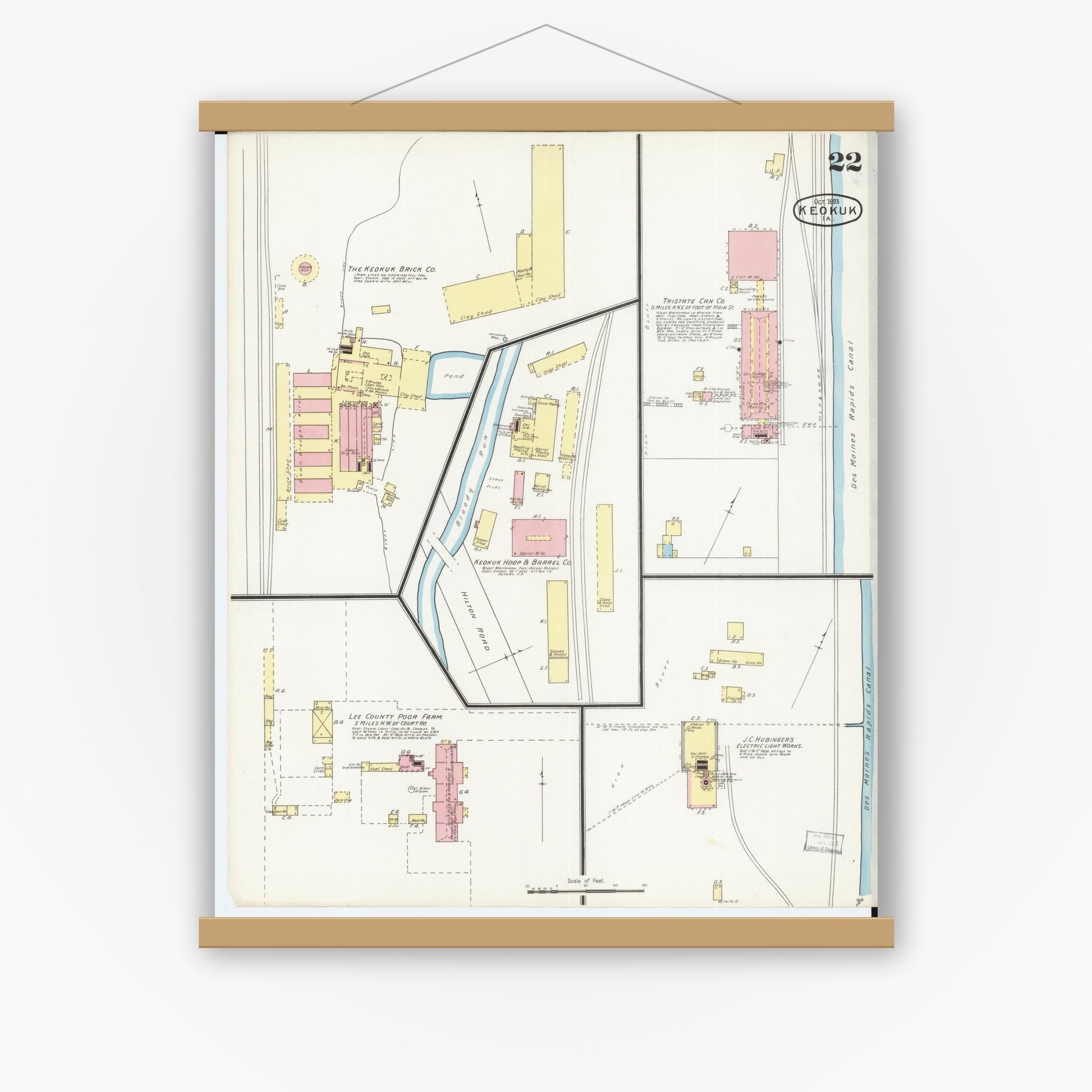 Old map wall art mockup — magnetic wood frame on white wall — Sanborn Fire Insurance Map from Keokuk, Lee County, Iowa (1893), Sheet #0022