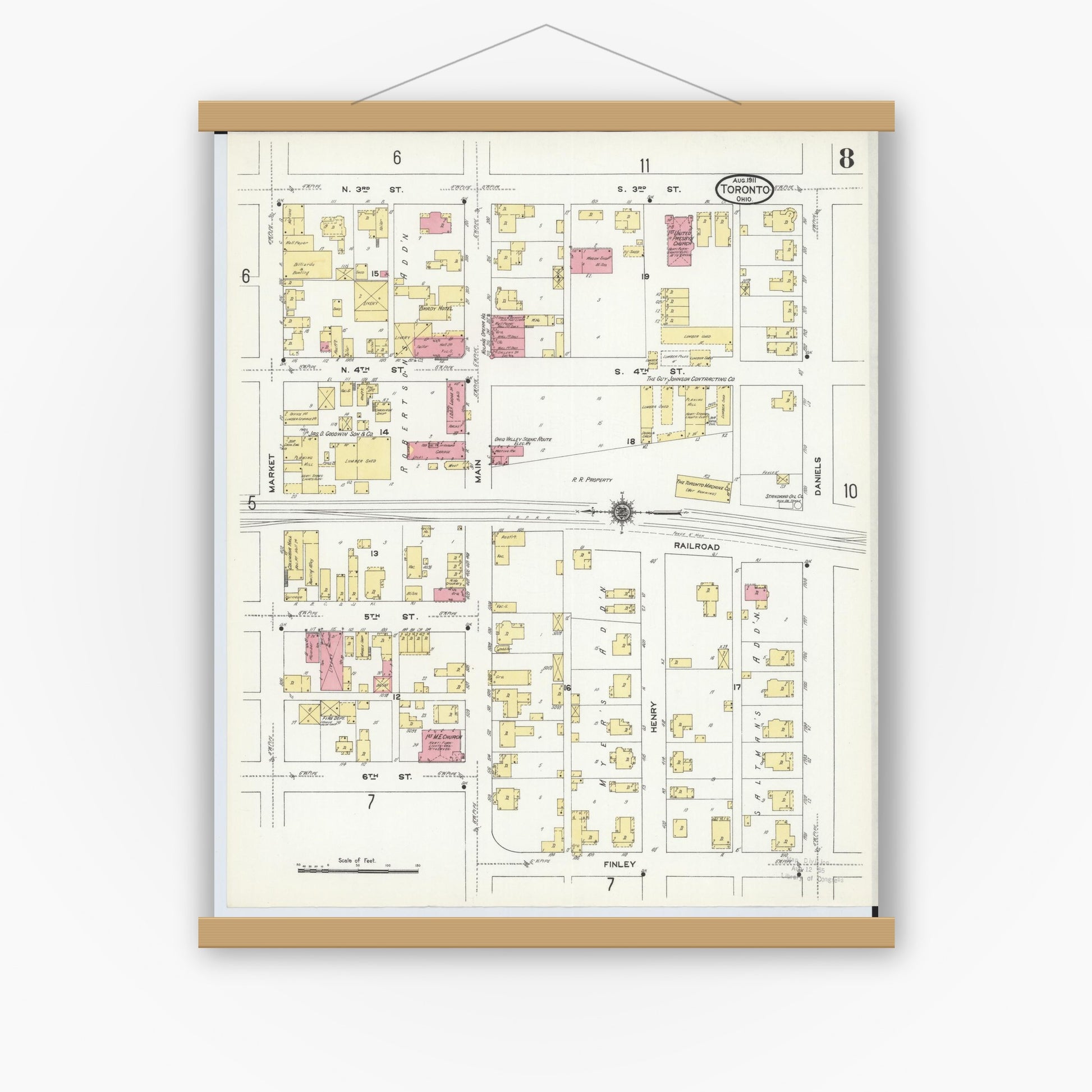 Old map wall art mockup — magnetic wood frame on white wall — Sanborn Fire Insurance Map from Toronto, Jefferson County, Ohio (1911), Sheet #0008