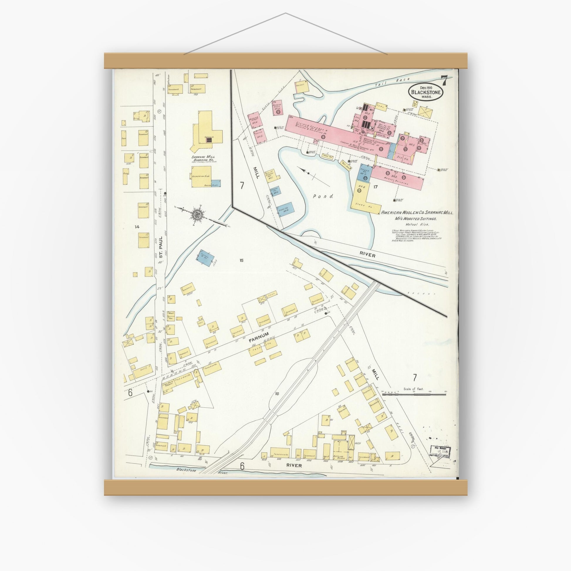 Old map wall art mockup — magnetic wood frame on white wall — Sanborn Fire Insurance Map from Blackstone, Worcester County, Massachusetts (1910), Sheet #0007