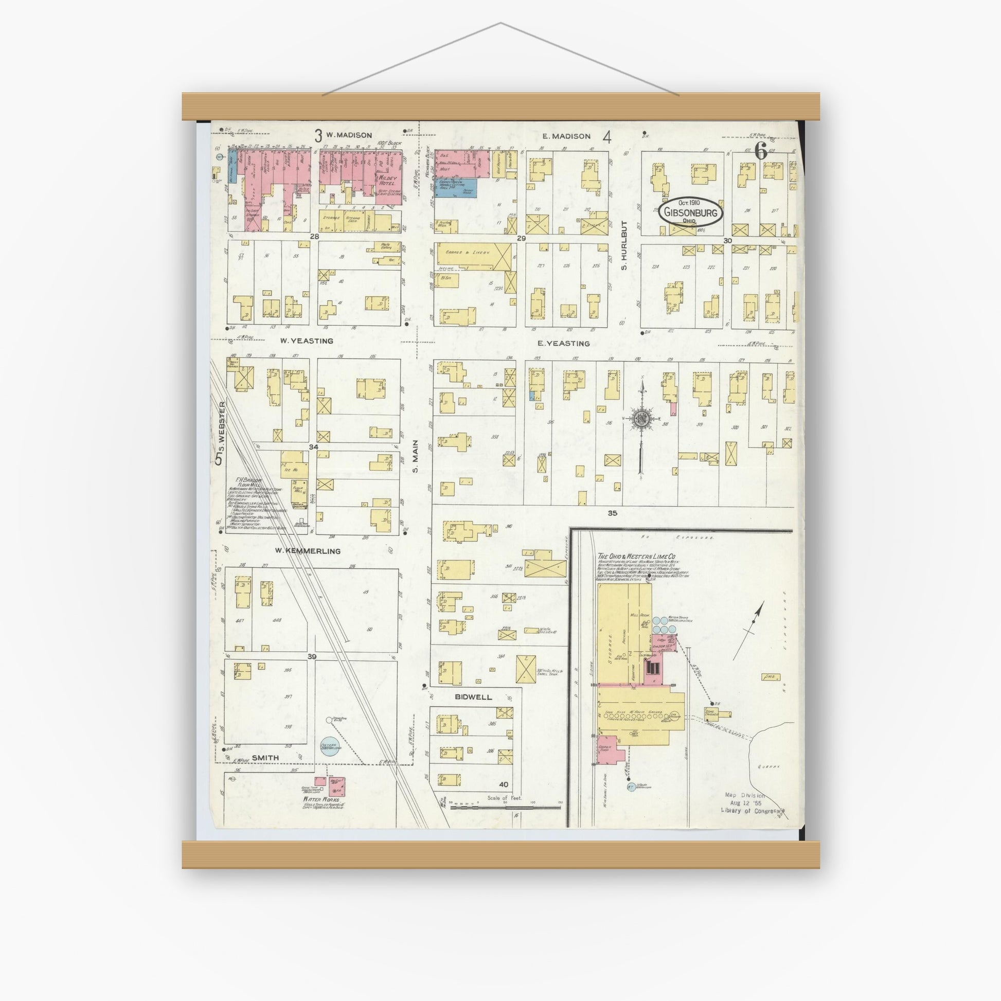 Old map wall art mockup — magnetic wood frame on white wall — Sanborn Fire Insurance Map from Gibsonburg, Sandusky County, Ohio (1910), Sheet #0006