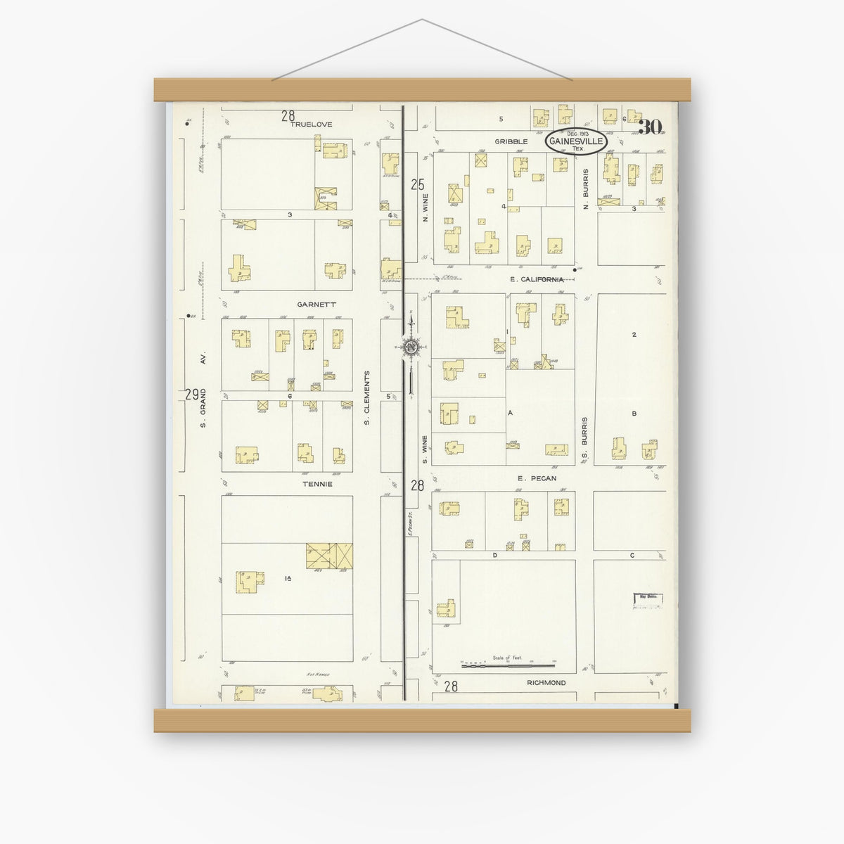 Old map wall art mockup — magnetic wood frame on white wall — Sanborn Fire Insurance Map from Gainesville, Cooke County, Texas (1913), Sheet #0030