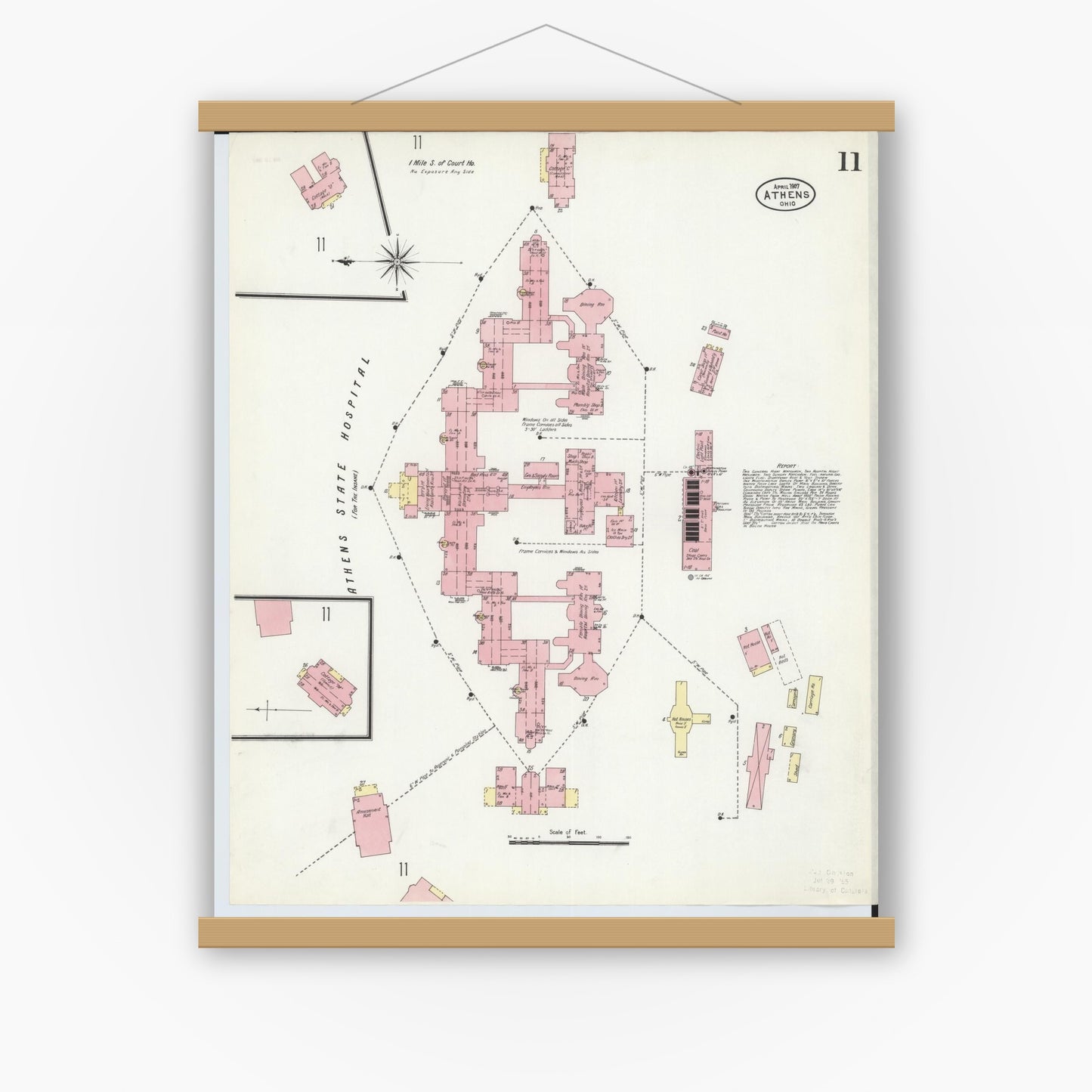 Old map wall art mockup — magnetic wood frame on white wall — Sanborn Fire Insurance Map from Athens, Athens County, Ohio (1907), Sheet #0011