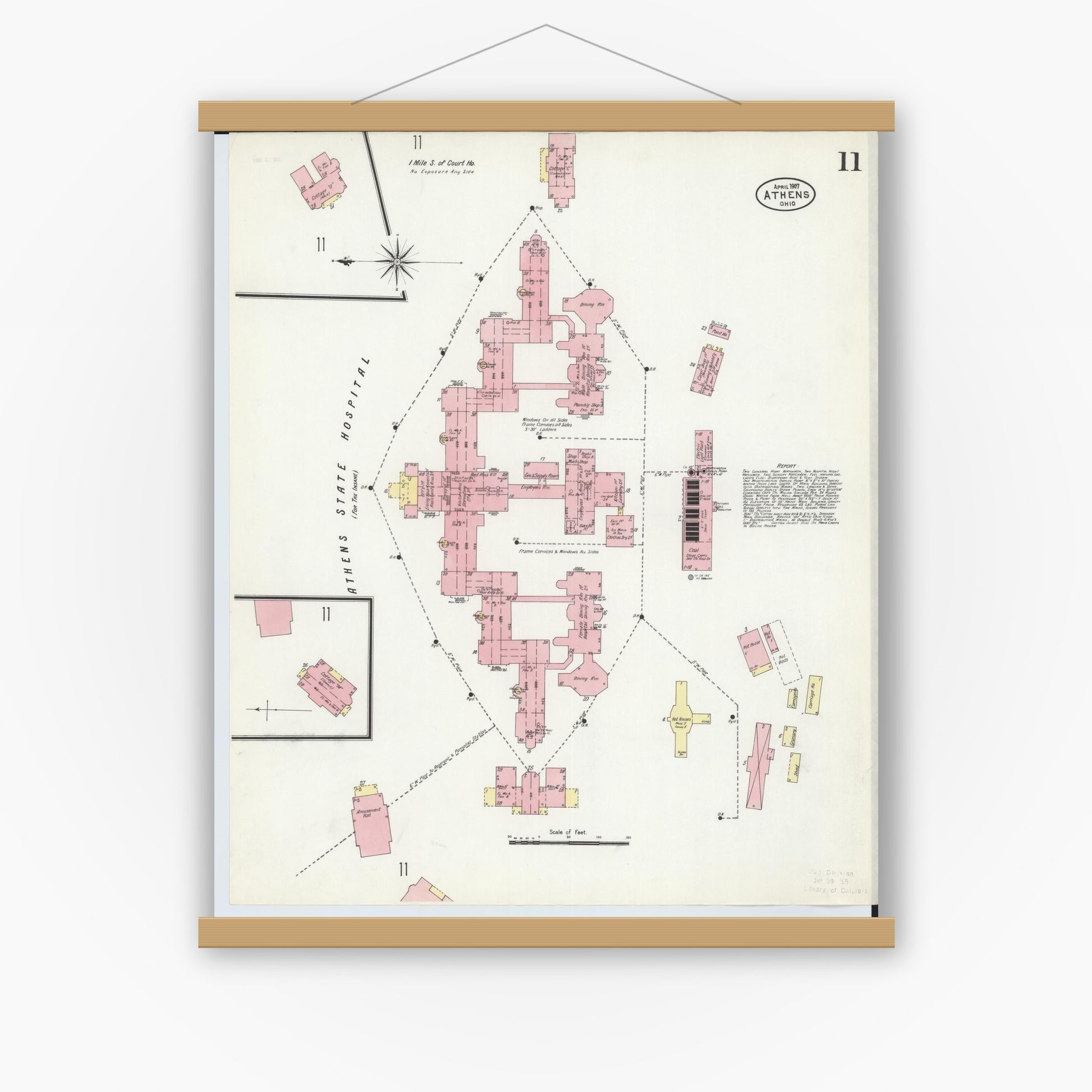 Old map wall art mockup — magnetic wood frame on white wall — Sanborn Fire Insurance Map from Athens, Athens County, Ohio (1907), Sheet #0011