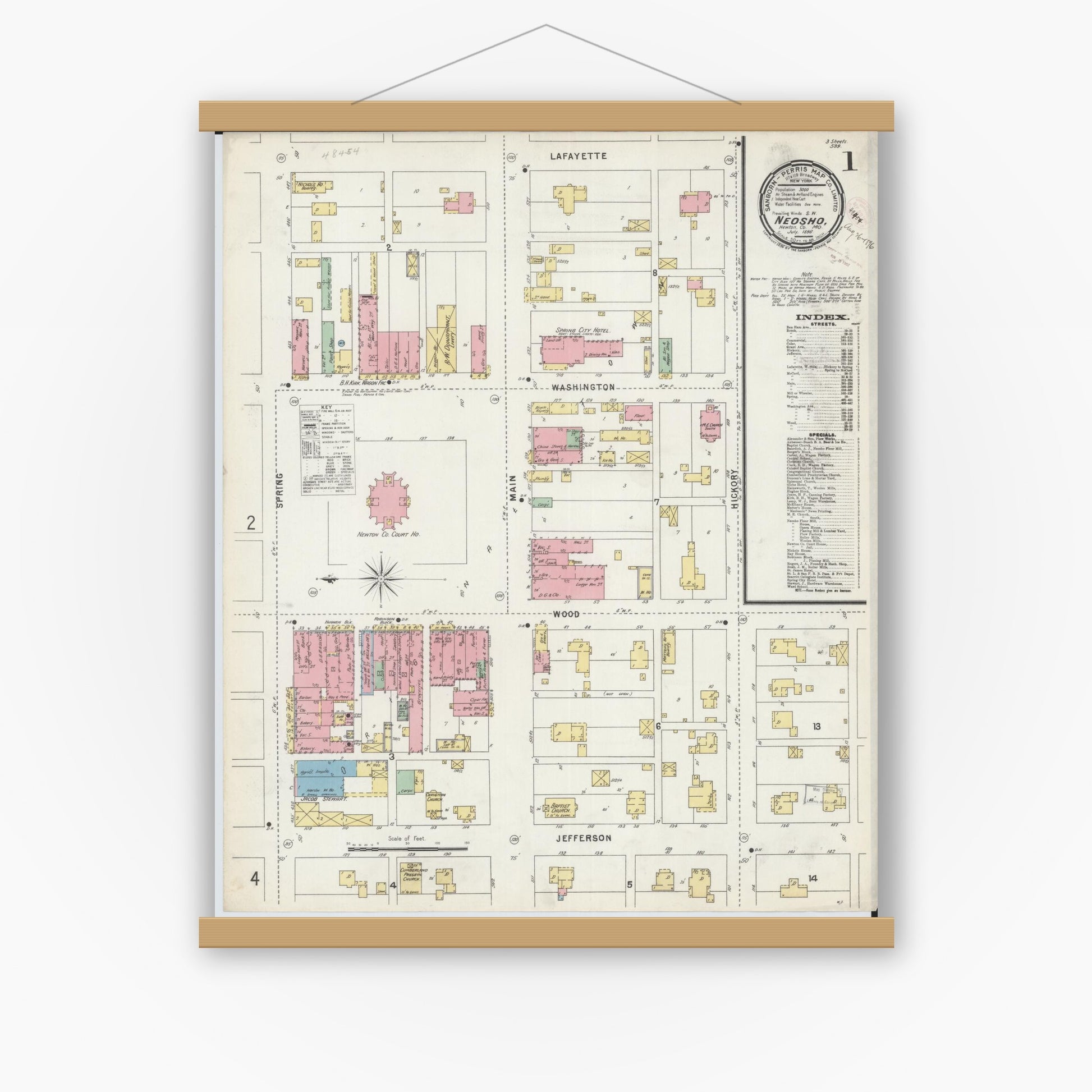 Old map wall art mockup — magnetic wood frame on white wall — Sanborn Fire Insurance Map from Neosho, Newton County, Missouri (1896) - Complete Map Set