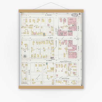 Old map wall art mockup — magnetic wood frame on white wall — Sanborn Fire Insurance Map from Decatur, Macon County, Illinois (1887), Sheet #0002