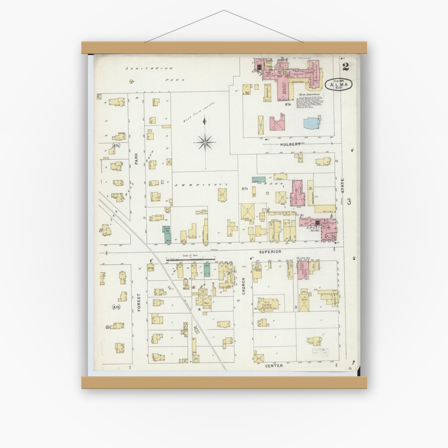 Old map wall art mockup — magnetic wood frame on white wall — Sanborn Fire Insurance Map from Alma, Gratiot County, Michigan (1896), Sheet #0002