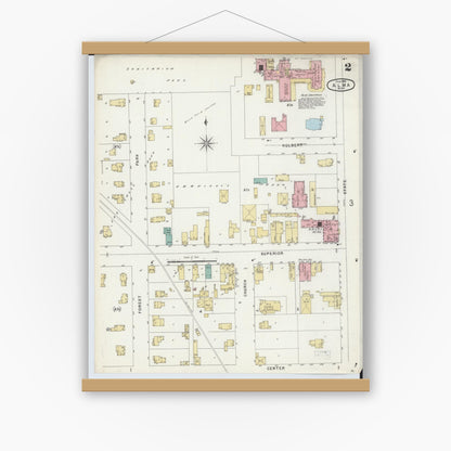 Old map wall art mockup — magnetic wood frame on white wall — Sanborn Fire Insurance Map from Alma, Gratiot County, Michigan (1896), Sheet #0002