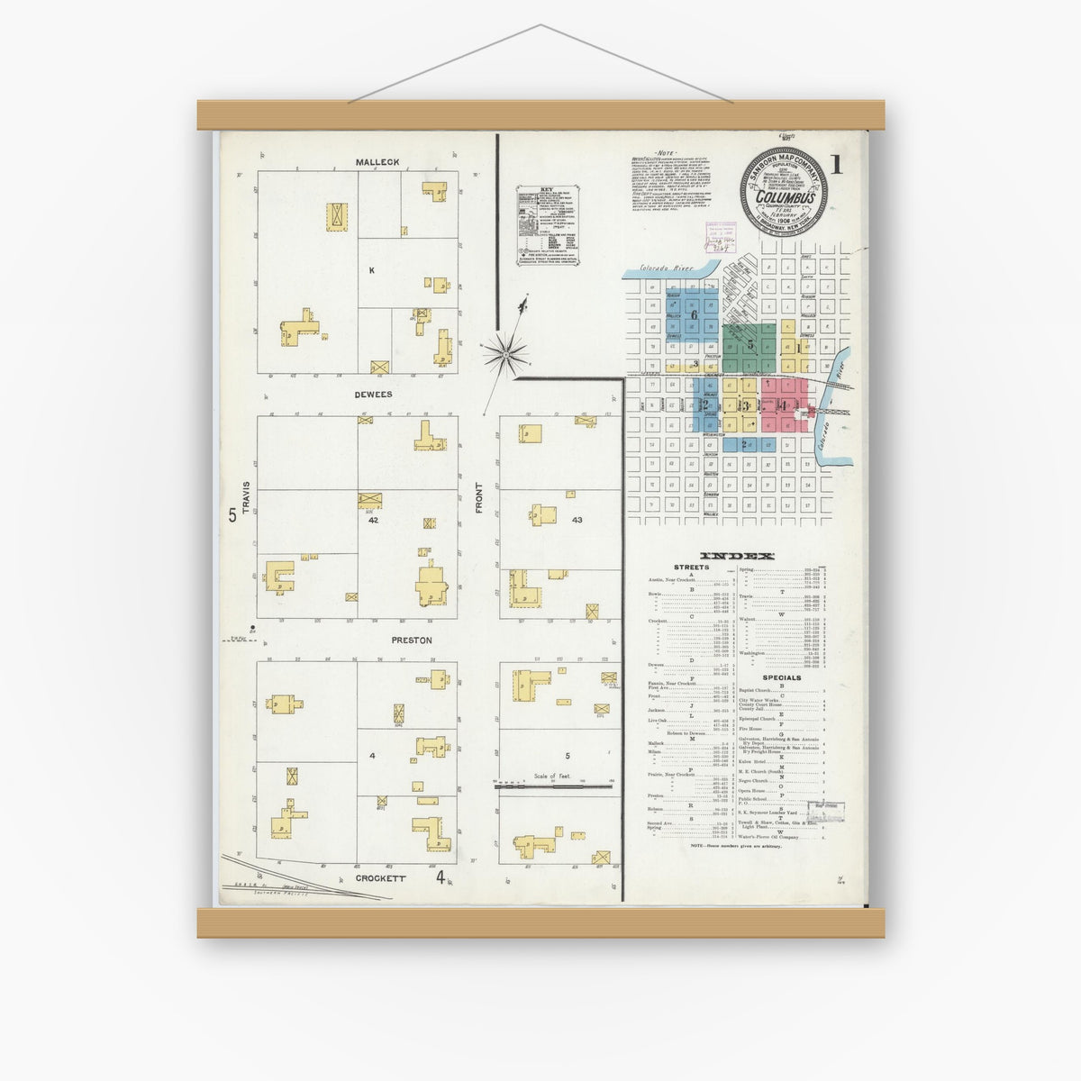 Old map wall art mockup — magnetic wood frame on white wall — Sanborn Fire Insurance Map from Columbus, Colorado County, Texas (1906) - Complete Map Set