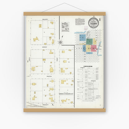 Old map wall art mockup — magnetic wood frame on white wall — Sanborn Fire Insurance Map from Columbus, Colorado County, Texas (1906) - Complete Map Set