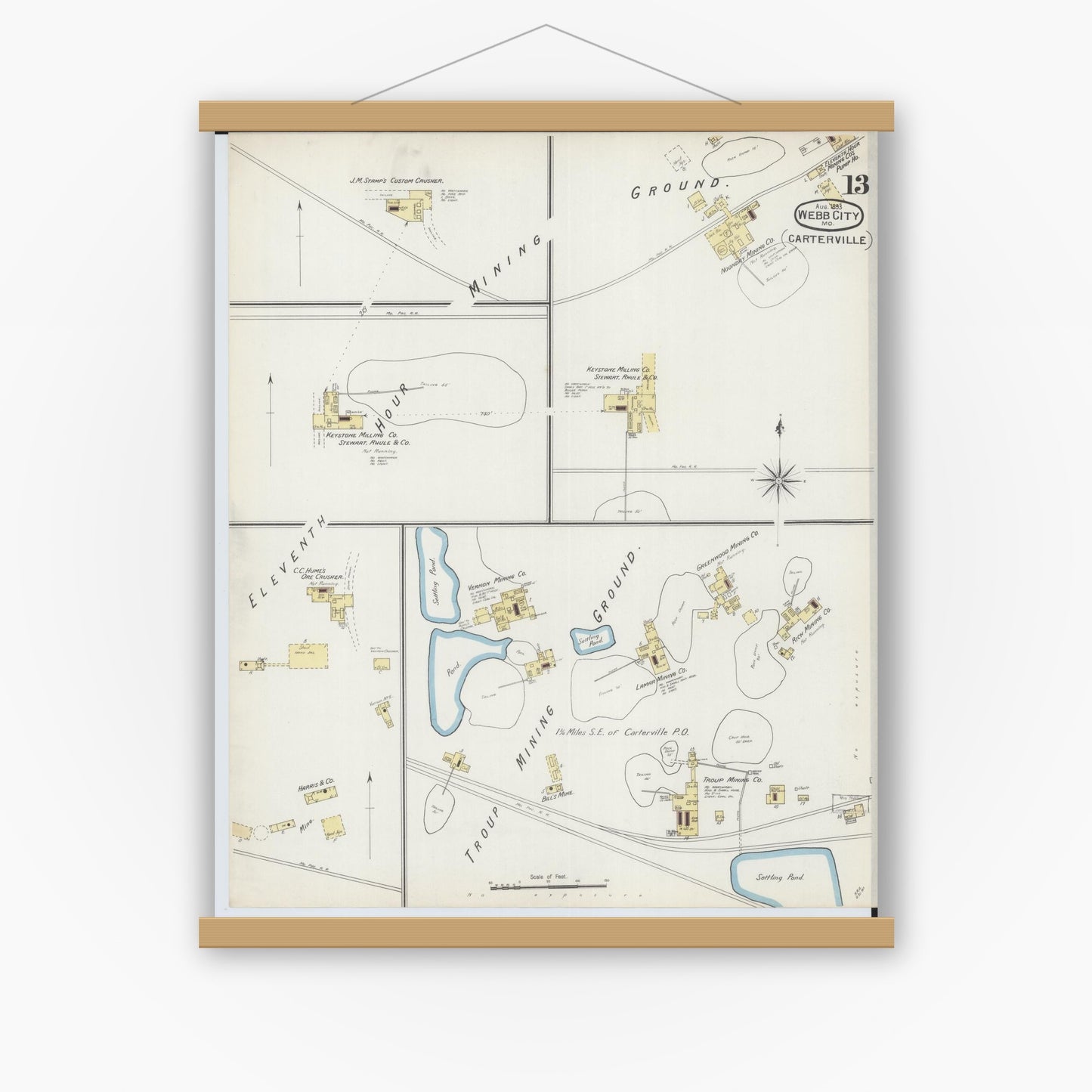 Old map wall art mockup — magnetic wood frame on white wall — Sanborn Fire Insurance Map from Webb City, Jasper County, Missouri (1893), Sheet #0013