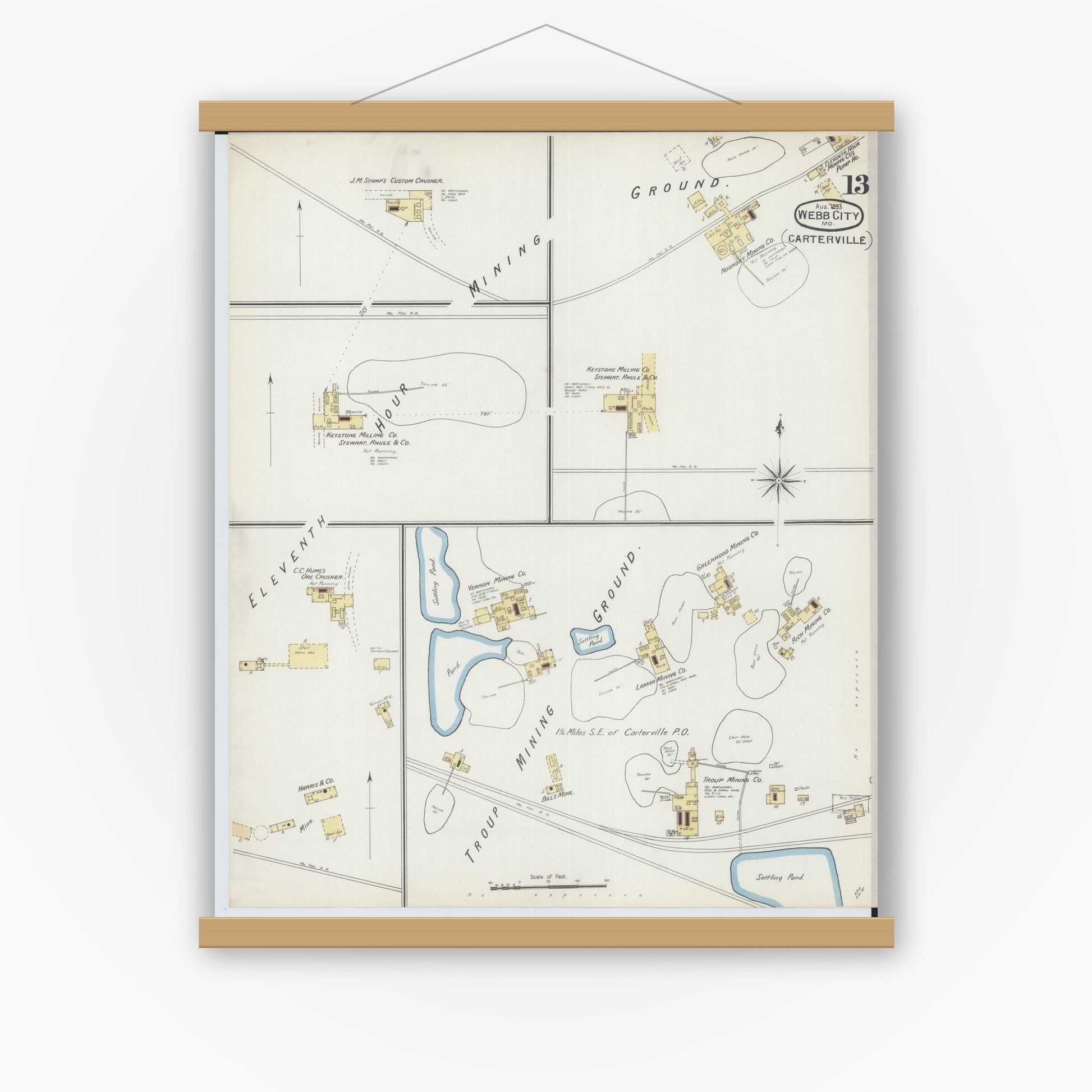 Old map wall art mockup — magnetic wood frame on white wall — Sanborn Fire Insurance Map from Webb City, Jasper County, Missouri (1893), Sheet #0013