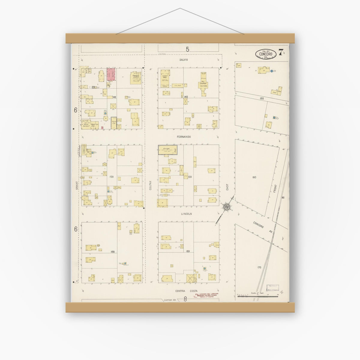 Old map wall art mockup — magnetic wood frame on white wall — Sanborn Fire Insurance Map from Concord, Contra Costa County, California (1917), Sheet #0007