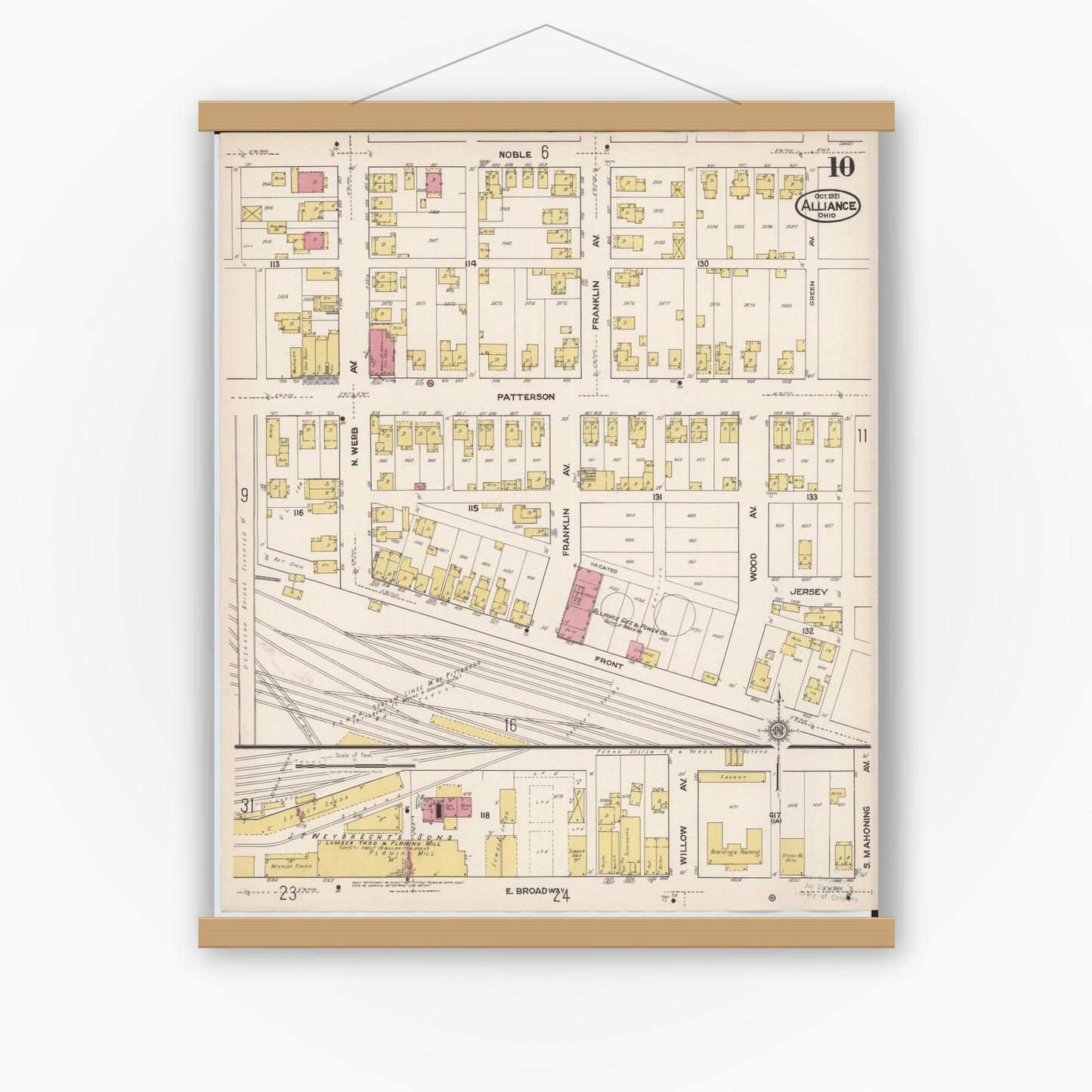 Old map wall art mockup — magnetic wood frame on white wall — Sanborn Fire Insurance Map from Alliance, Stark County, Ohio (1921), Sheet #0010