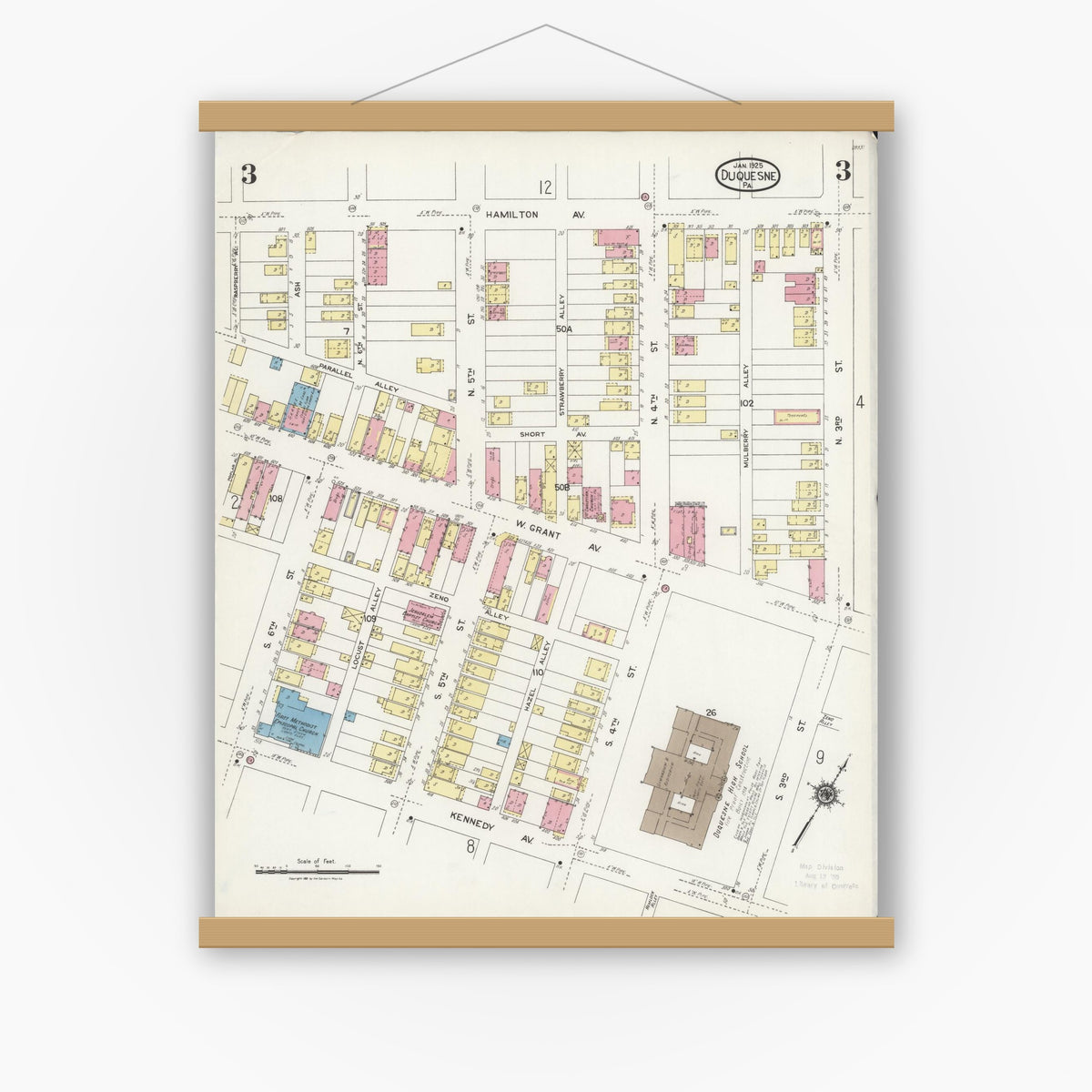 Old map wall art mockup — magnetic wood frame on white wall — Sanborn Fire Insurance Map from Duquesne, Allegheny County, Pennsylvania (1925), Sheet #0003