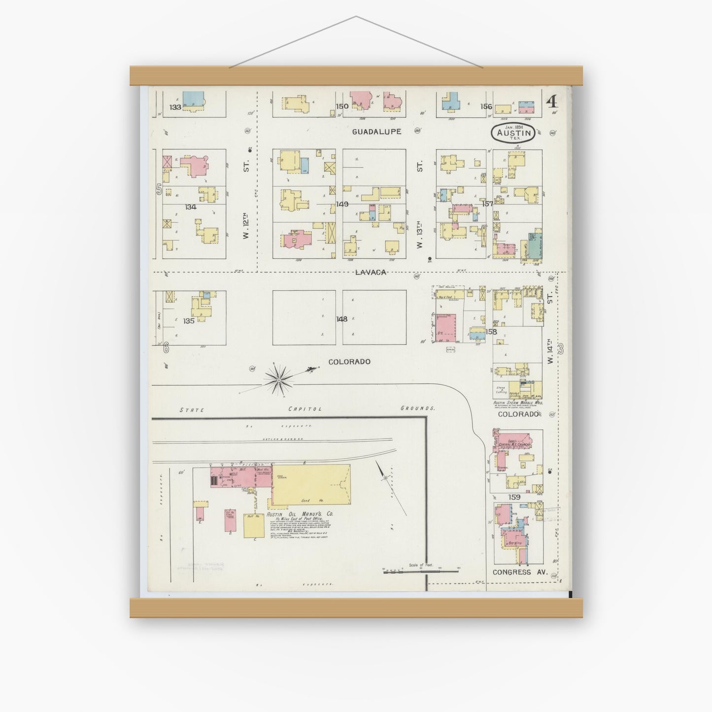 Old map wall art mockup — magnetic wood frame on white wall — Sanborn Fire Insurance Map from Austin, Travis County, Texas (1894), Sheet #0004