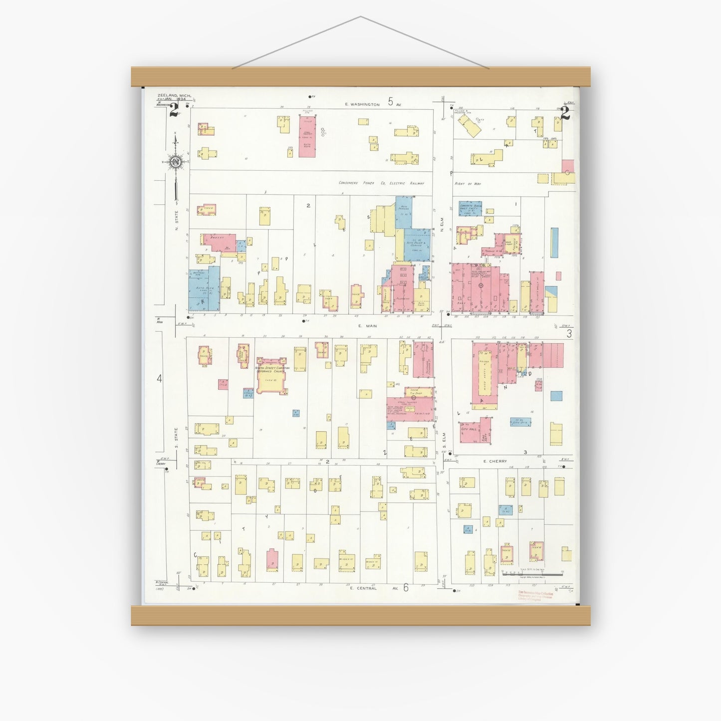 Old map wall art mockup — magnetic wood frame on white wall — Sanborn Fire Insurance Map from Zeeland, Ottawa County, Michigan (1934), Sheet #0002