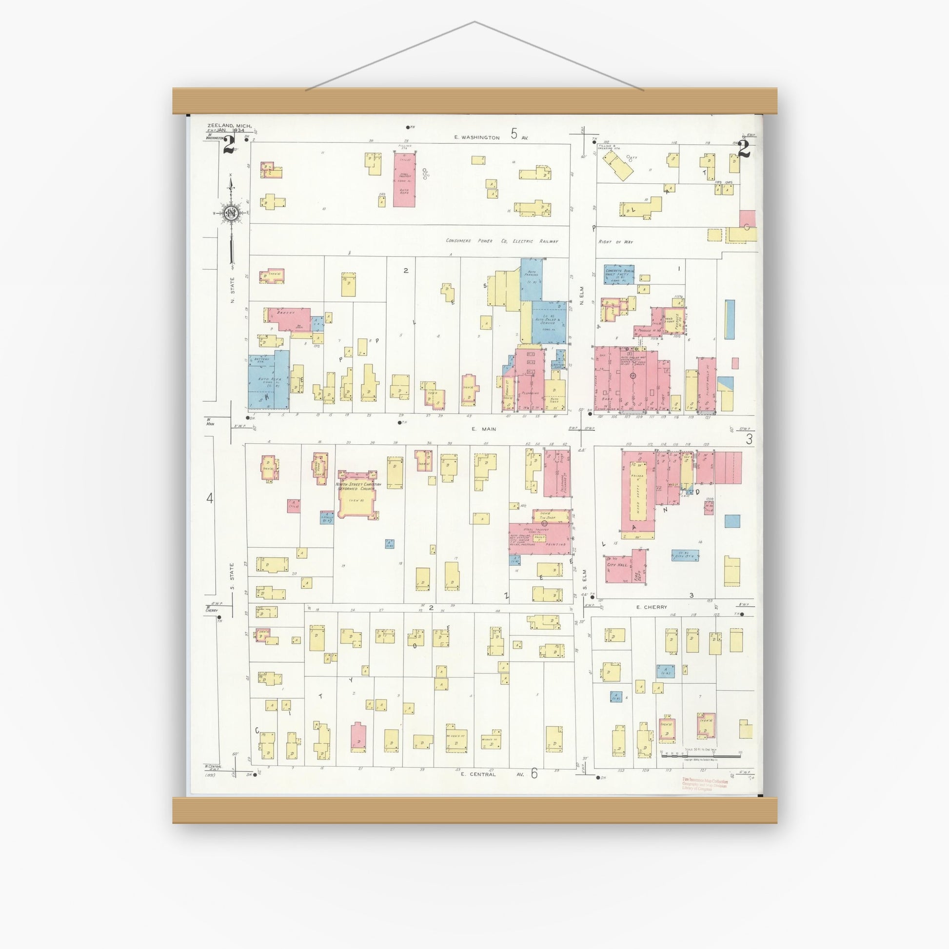 Old map wall art mockup — magnetic wood frame on white wall — Sanborn Fire Insurance Map from Zeeland, Ottawa County, Michigan (1934), Sheet #0002