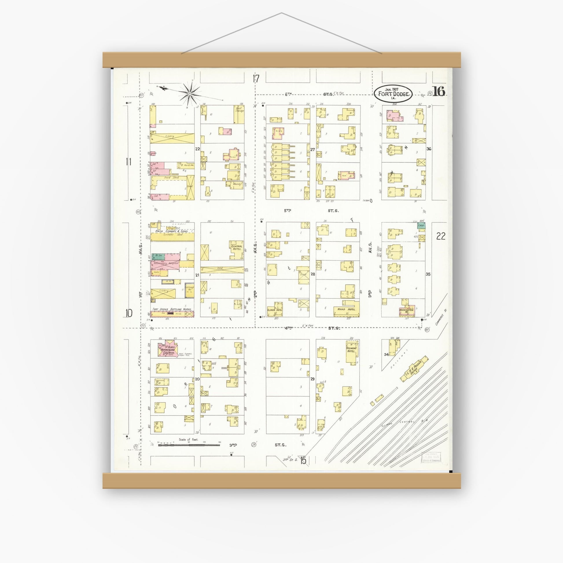 Old map wall art mockup — magnetic wood frame on white wall — Sanborn Fire Insurance Map from Fort Dodge, Webster County, Iowa (1907), Sheet #0016