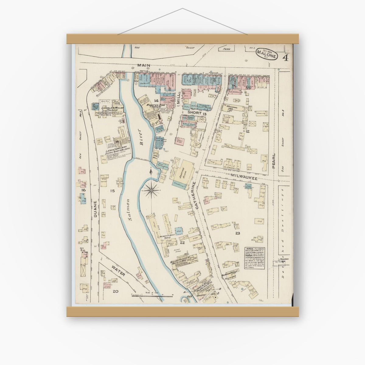Old map wall art mockup — magnetic wood frame on white wall — Sanborn Fire Insurance Map from Malone, Franklin County, New York (1884), Sheet #0004