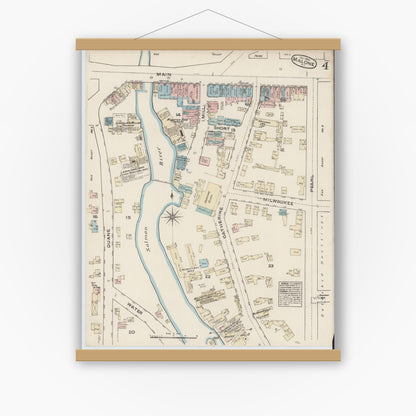 Old map wall art mockup — magnetic wood frame on white wall — Sanborn Fire Insurance Map from Malone, Franklin County, New York (1884), Sheet #0004
