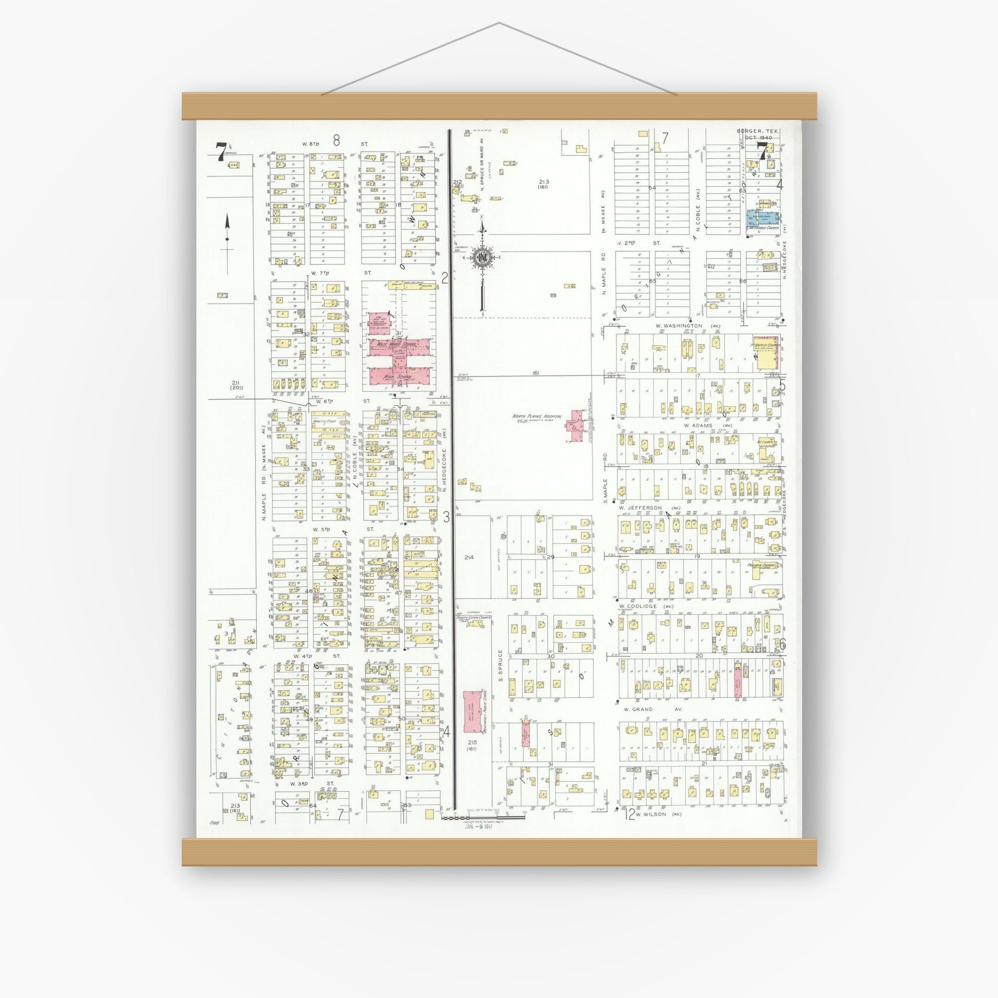 Old map wall art mockup — magnetic wood frame on white wall — Sanborn Fire Insurance Map from Borger, Hutchinson County, Texas (1940), Sheet #0007