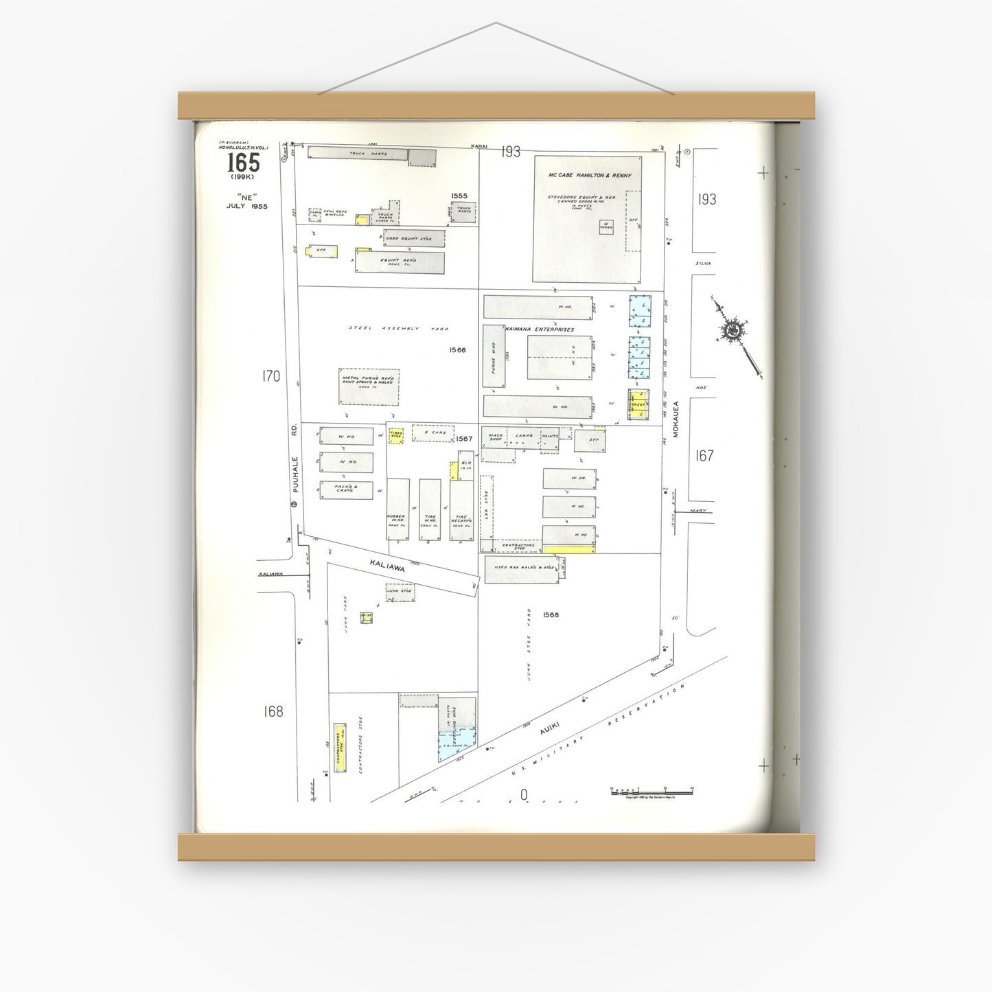 Old map wall art mockup — magnetic wood frame on white wall — Sanborn Fire Insurance Map from Honolulu, Oahu County, Hawaii (1955), Sheet #0165