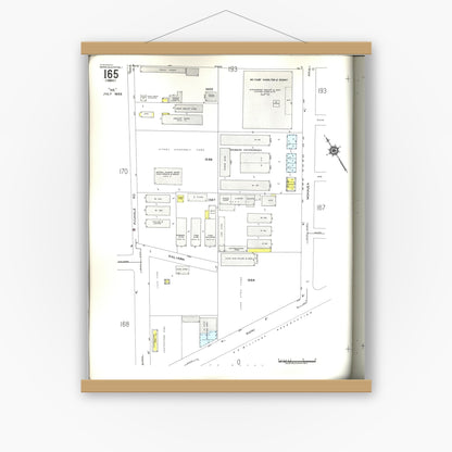 Old map wall art mockup — magnetic wood frame on white wall — Sanborn Fire Insurance Map from Honolulu, Oahu County, Hawaii (1955), Sheet #0165