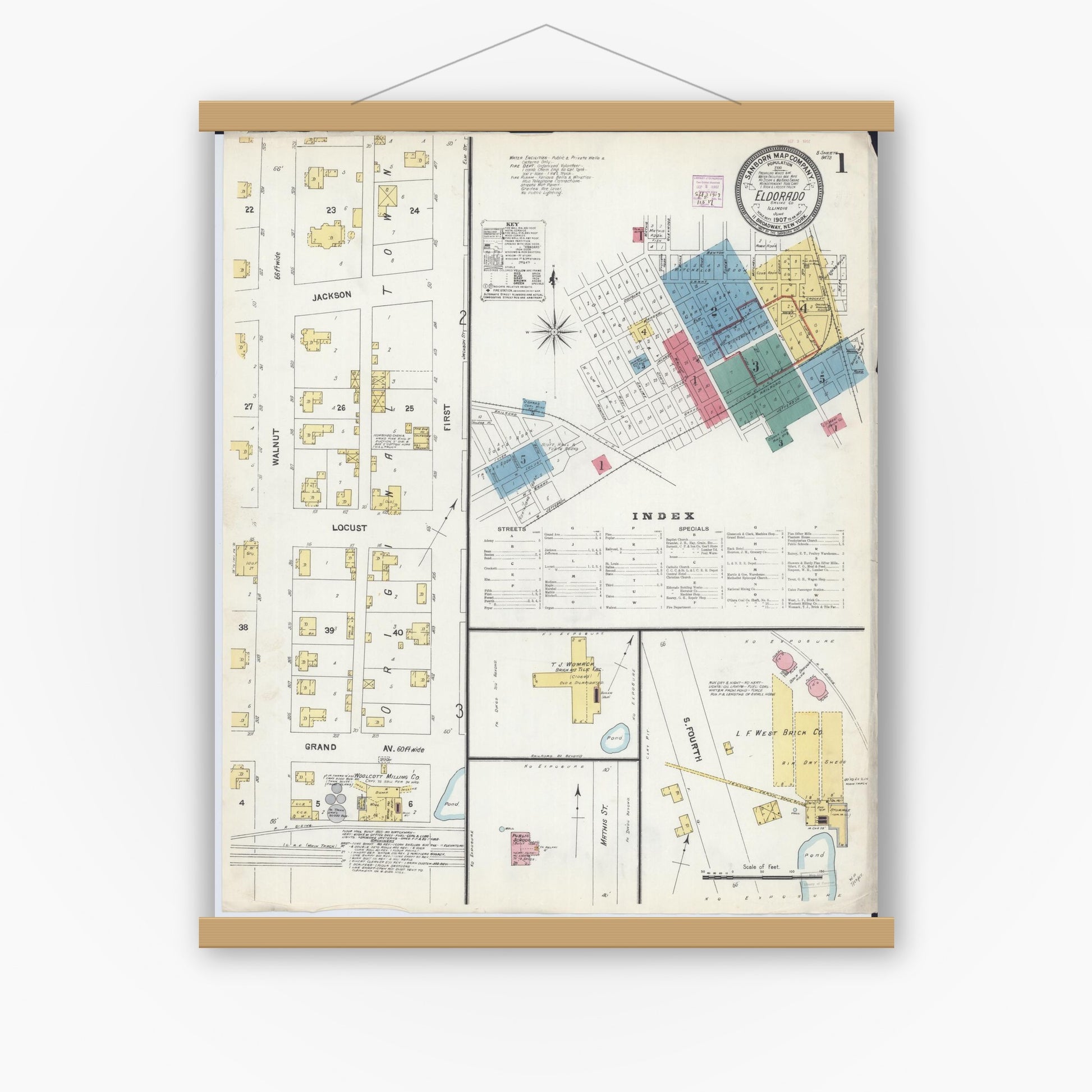 Old map wall art mockup — magnetic wood frame on white wall — Sanborn Fire Insurance Map from Eldorado, Saline County, Illinois (1907), Sheet #0001