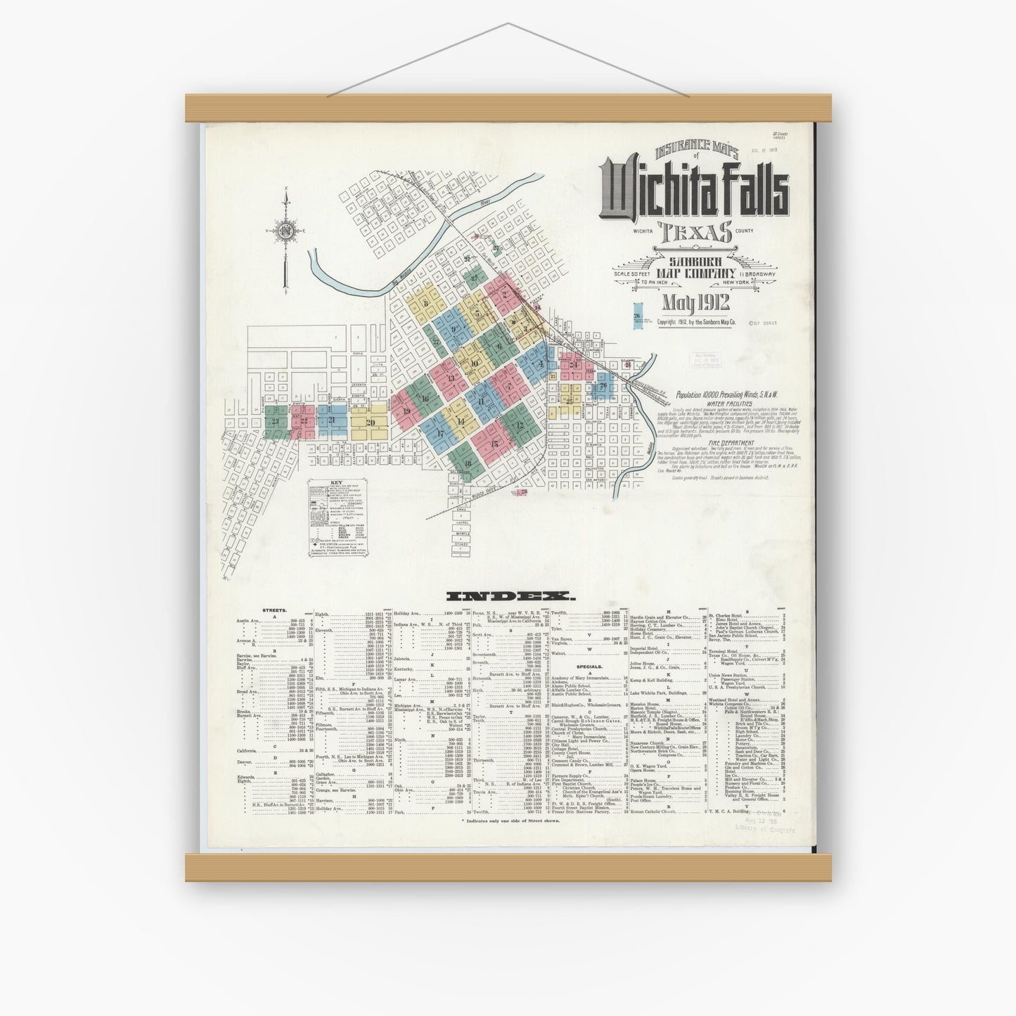 Old map wall art mockup — magnetic wood frame on white wall — Sanborn Fire Insurance Map from Wichita Falls, Wichita County, Texas (1912) - Complete Map Set