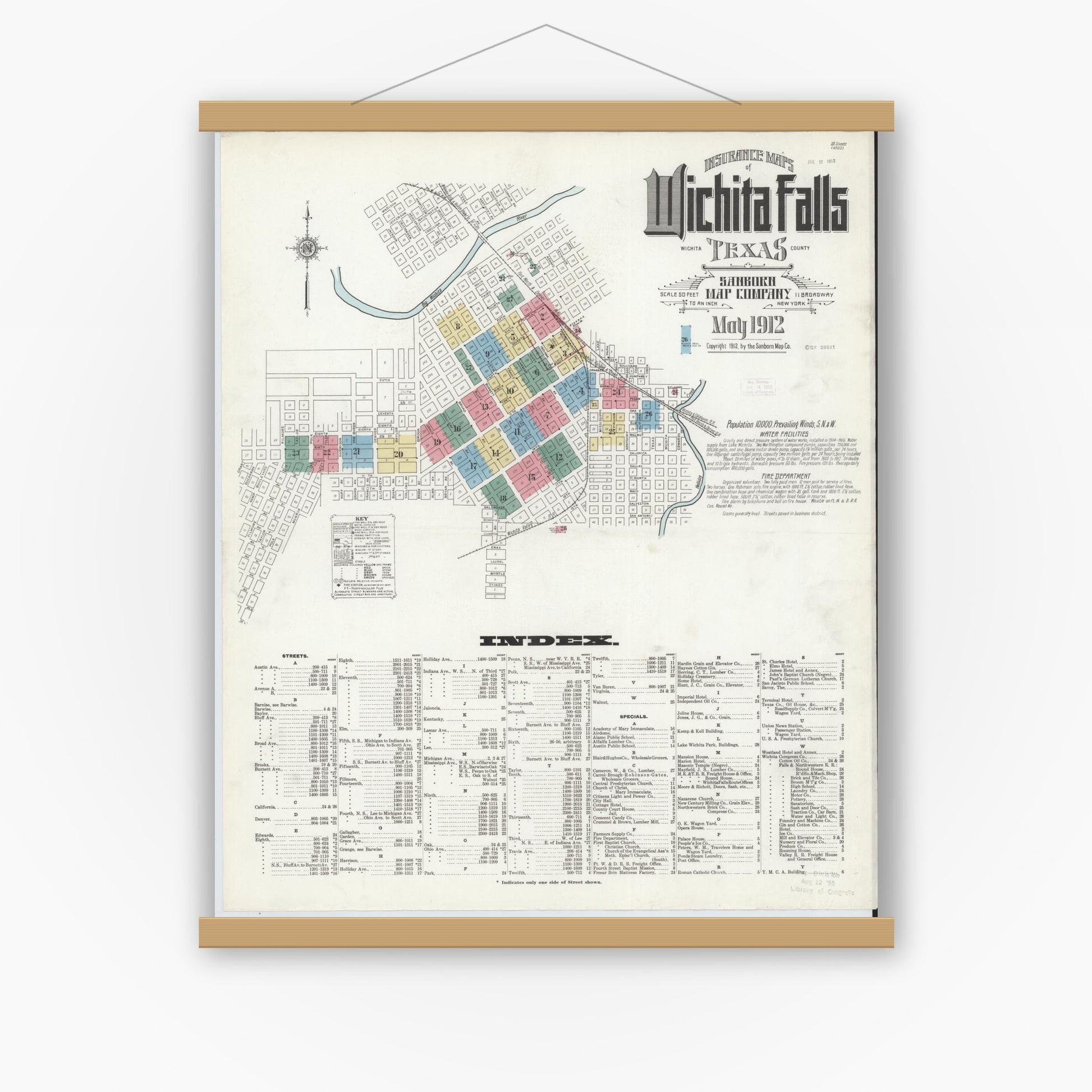Old map wall art mockup — magnetic wood frame on white wall — Sanborn Fire Insurance Map from Wichita Falls, Wichita County, Texas (1912) - Complete Map Set