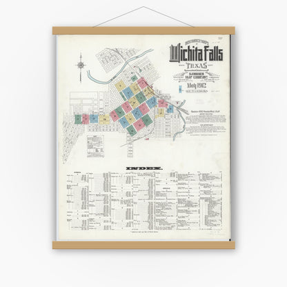 Old map wall art mockup — magnetic wood frame on white wall — Sanborn Fire Insurance Map from Wichita Falls, Wichita County, Texas (1912) - Complete Map Set