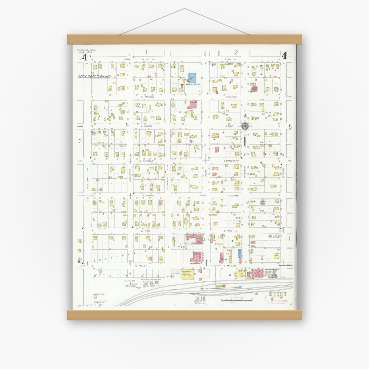 Old map wall art mockup — magnetic wood frame on white wall — Sanborn Fire Insurance Map from Marengo, Iowa County, Iowa (1933), Sheet #0004